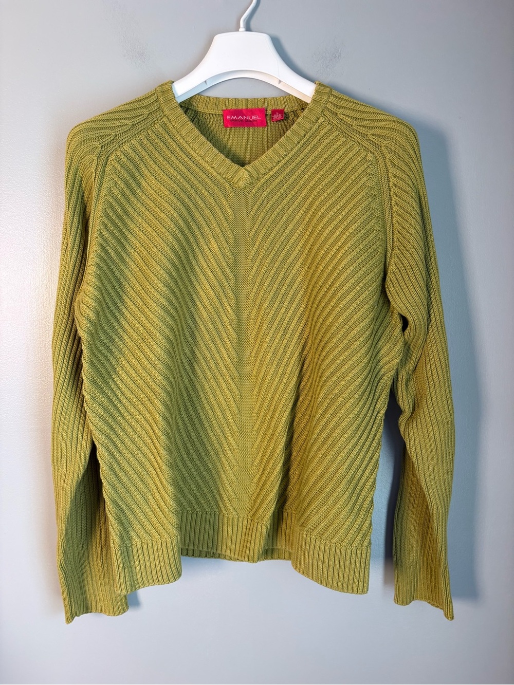 Emanuel Emanuel Ungaro Womens Large V-Neck Ribbed Knit Sweater Olive Green
